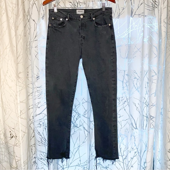 AGOLDE feral faded black dark gray Toni mid-rise straight leg frayed hem jeans - Picture 5 of 15